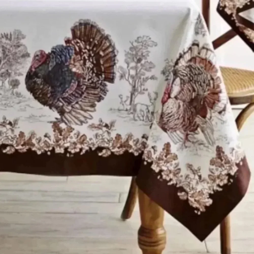 Williams Sonoma Plymouth Turkey Tablecloth White Brown Beige Fall 70 x 108